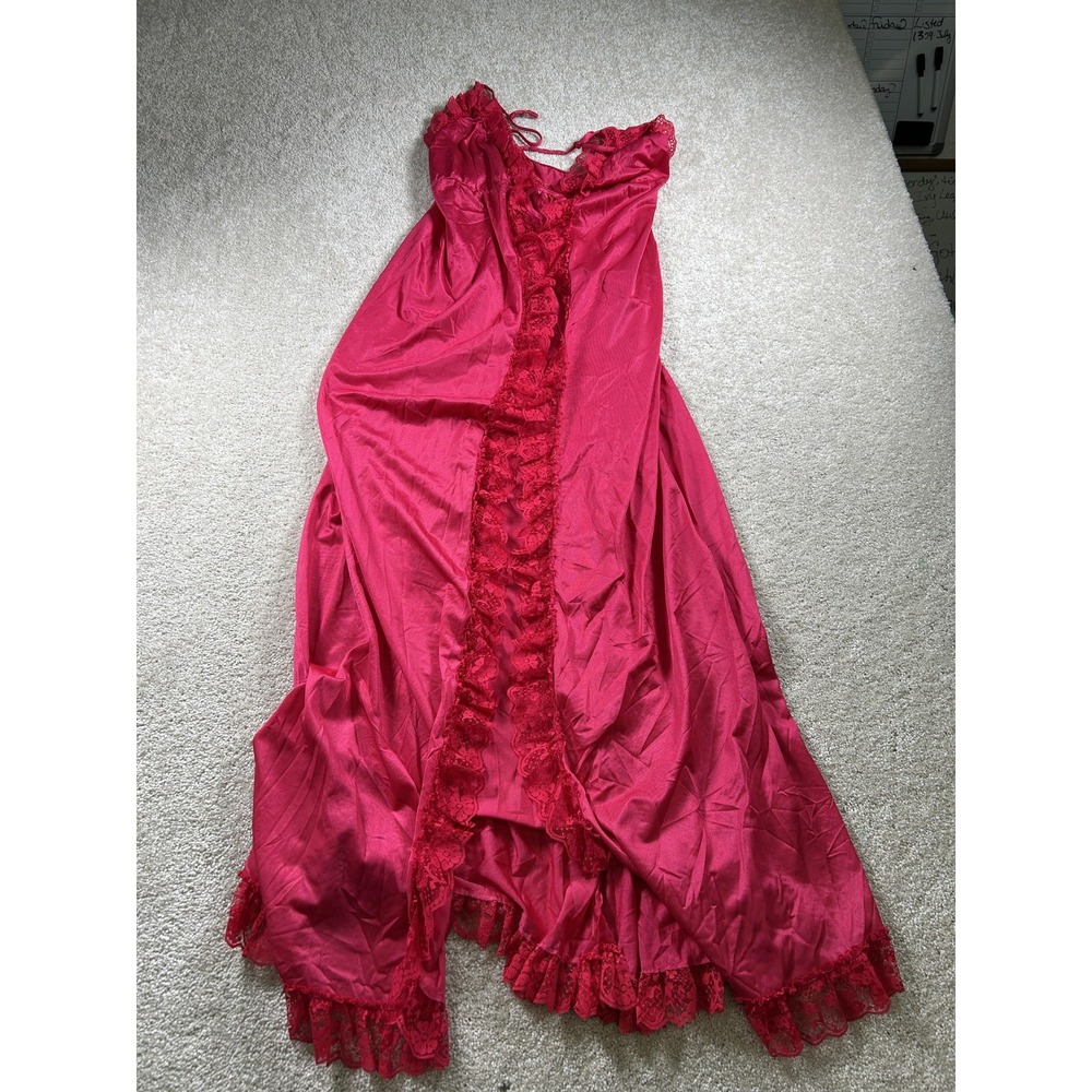 Vintage Red Lace Nightgown Womens Large Nylon Full Length Sheer Ruffle USA 80s